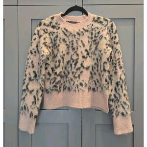 AllSaints Leopard Cropped Aurora Crew Fuzzy Pale Pink Sweater XS NEW Chic Rock